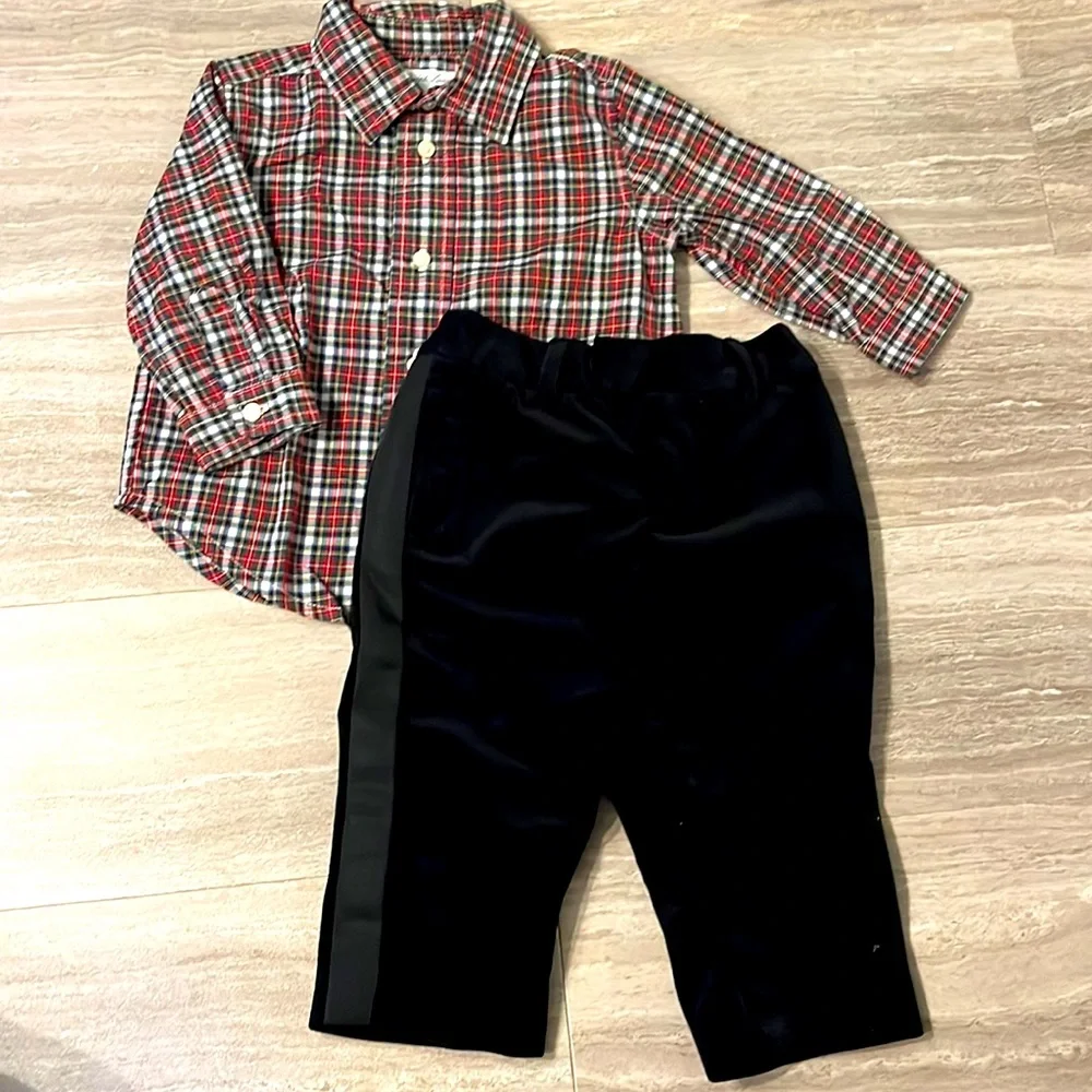 Ralph Lauren Baby Formal Plaid Dress Shirt & Velvet Tuxedo Pant Set